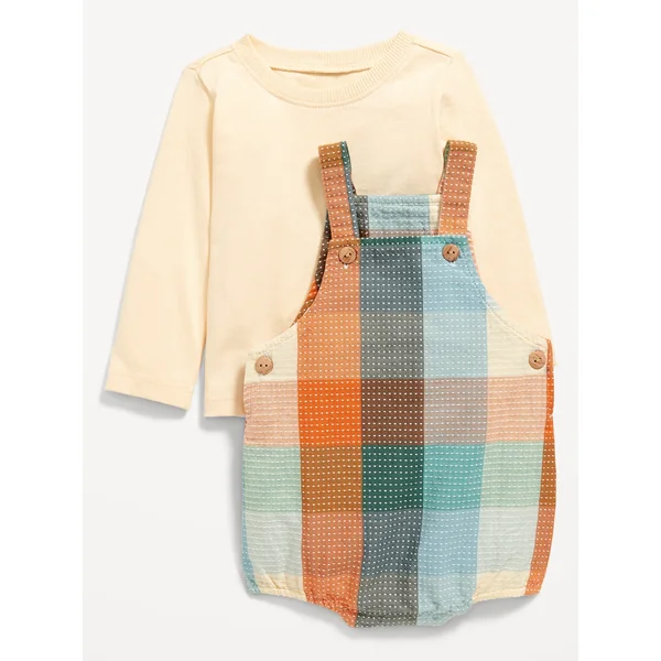 Long-Sleeve T-Shirt and One-Piece Romper Set for Baby - Orange Plaid