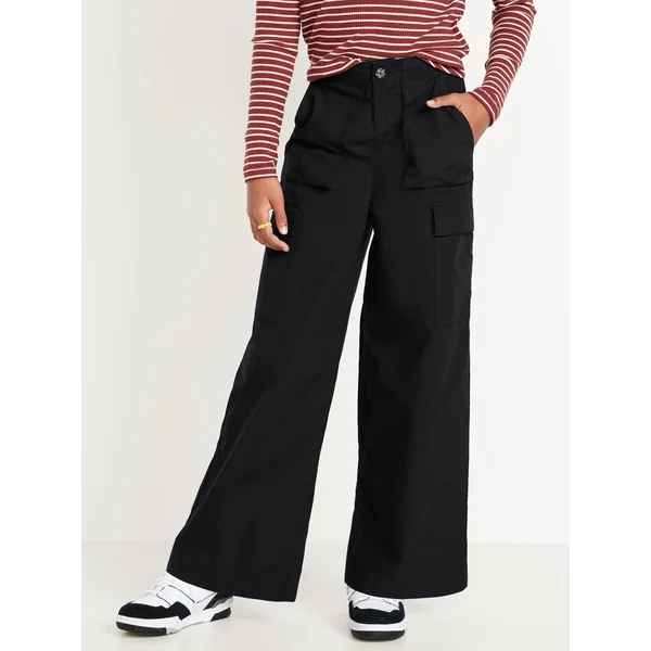 Loose Poplin Cargo Pants for Girls - Black