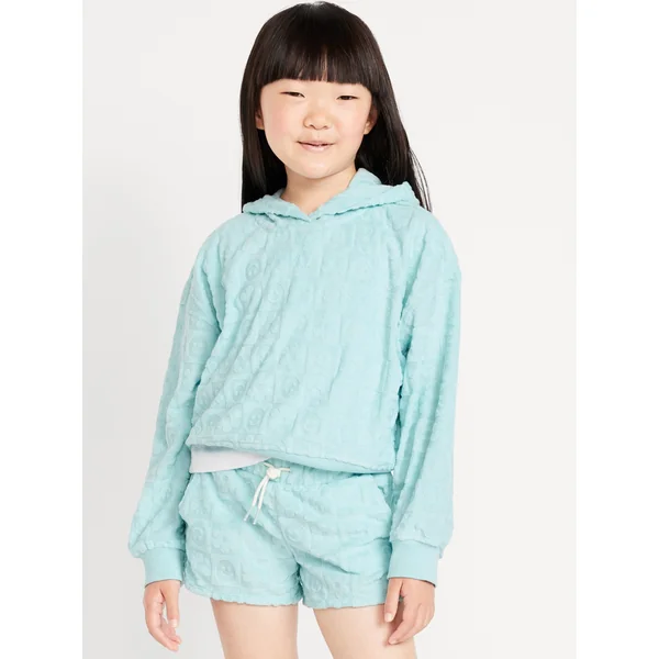 Loose Textured Terry Pullover Hoodie for Girls - Ceramic Blue