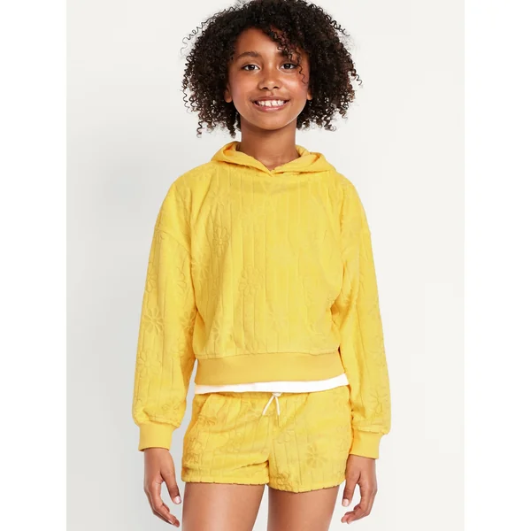 Loose Textured Terry Pullover Hoodie for Girls - Taxicab