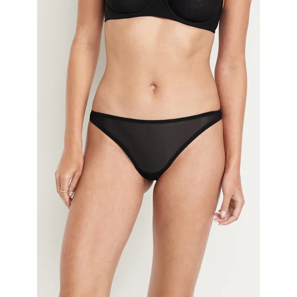 Low-Rise Mesh Thong Underwear - Black