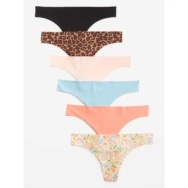 Low-Rise No-Show Thong Underwear 6-Pack - Black/Leopard/Pink/Blue/Peach/Ditsy Floral