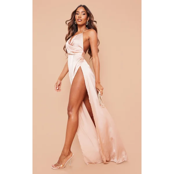 Lucie Champagne Silky Plunge Extreme Split Maxi Dress