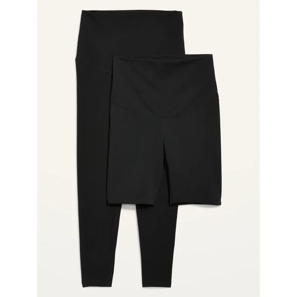 Maternity 2-Pack Rollover-Waist PowerChill 7/8-Length Leggings & Biker Shorts - Black Jack