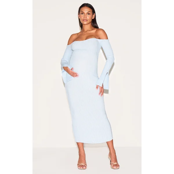 Maternity Baby Blue Off The Shoulder Contrast Knit Midaxi Dress