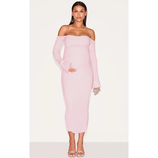 Maternity Baby Pink Off The Shoulder Contrast Knit Midaxi Dress