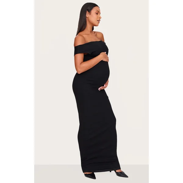 Maternity Black Bardot Ribbed Sleeveless Maxi Dress