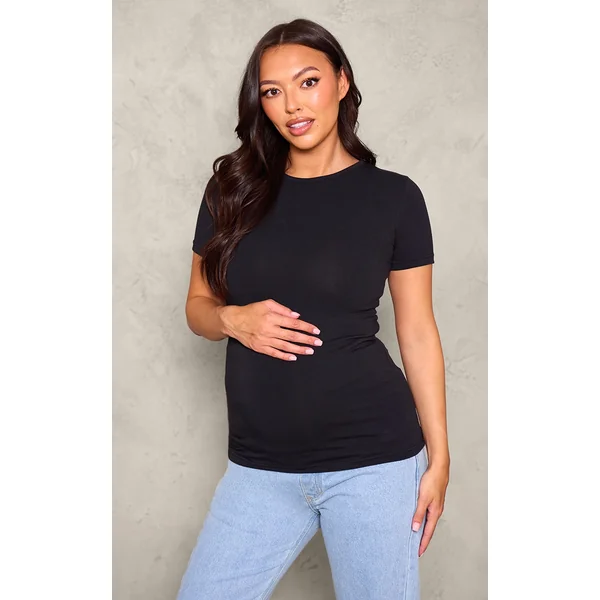 Maternity Black Basic Short Sleeve Crew Neck Fitted T Shirt