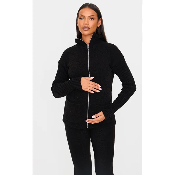 Maternity Black Boucle Knit Zip Up Long Sleeve Top