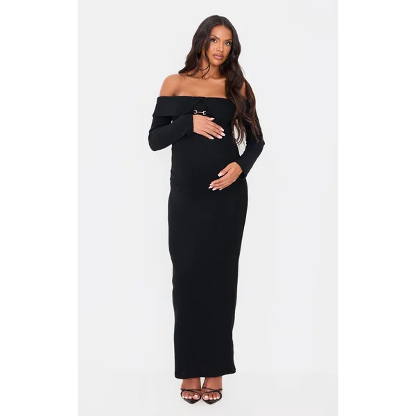 Maternity Black Brushed Rib Buckle Detail Off The Shoulder Top