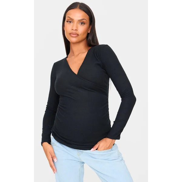 Maternity Black Brushed Rib Ruched Top