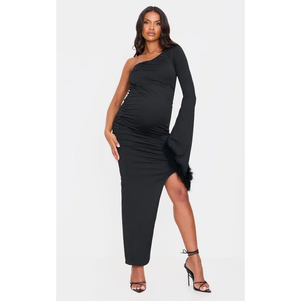 Maternity Black Feather Cuff One Sleeve Ruched Asymmetric Hem Dress