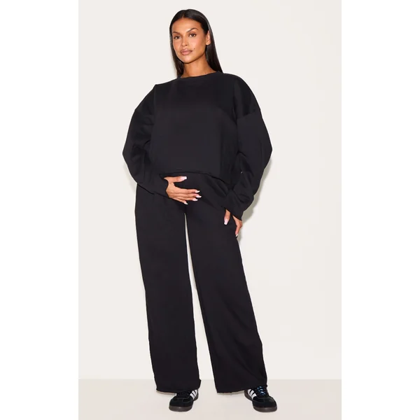 Maternity Black Fleeceback Wide Leg Sweatpants