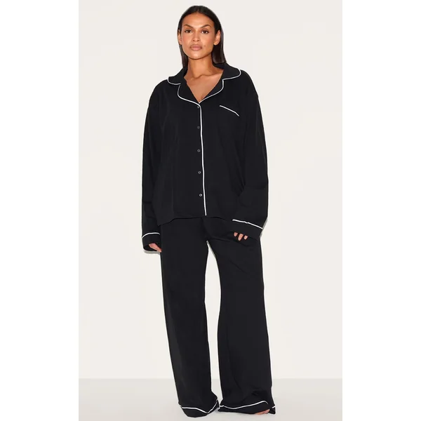 Maternity Black Jersey Piping Detail Long Pj Set