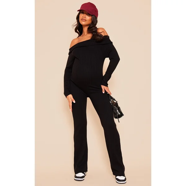Maternity Black Knitted Bardot Wide Leg Jumpsuit