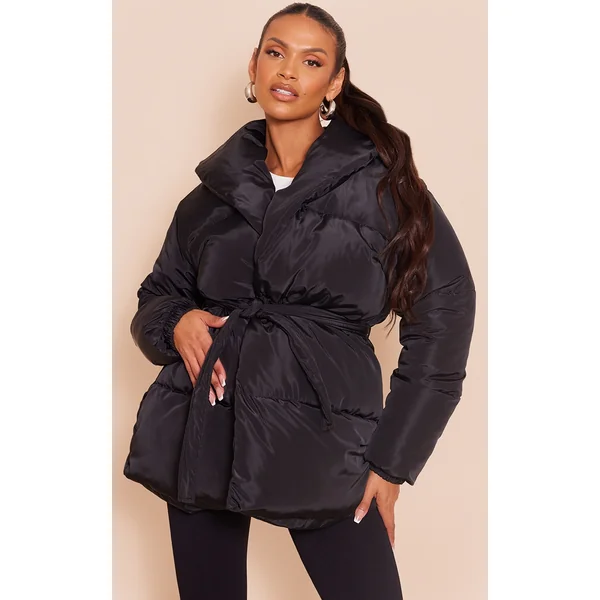 Maternity Black Oversized Collar Belt Puffer Coat
