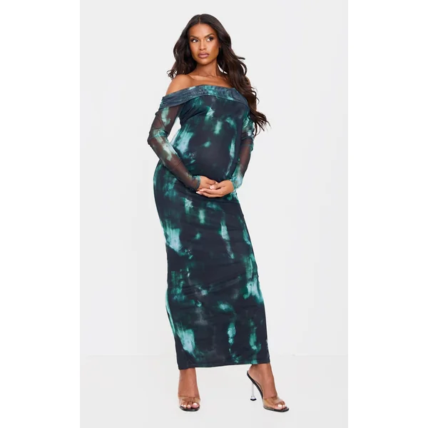 Maternity Black Printed Mesh Bardot Long Sleeve Maxi Dress