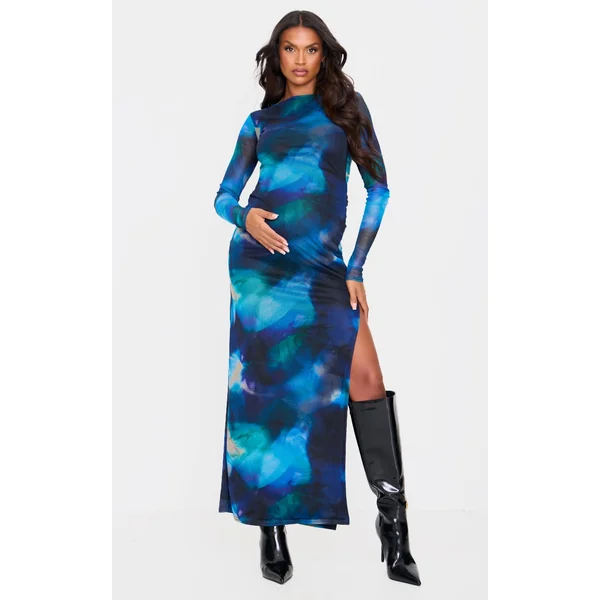 Maternity Black Printed Mesh Long Sleeve Maxi Dress