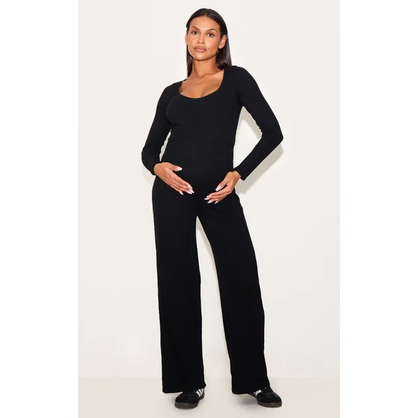 Maternity Black Rib Collar Detail Flare Leg Jumpsuit