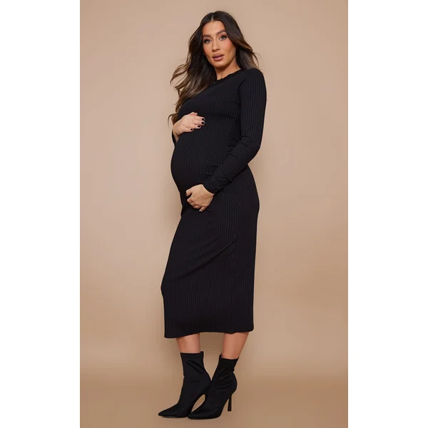 Maternity Black Ribbed Long Sleeve Midi Dress