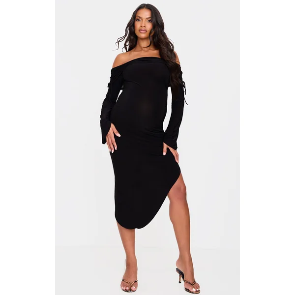 Maternity Black Slinky Bardot Ruched Asymmetric Hem Midi Dress