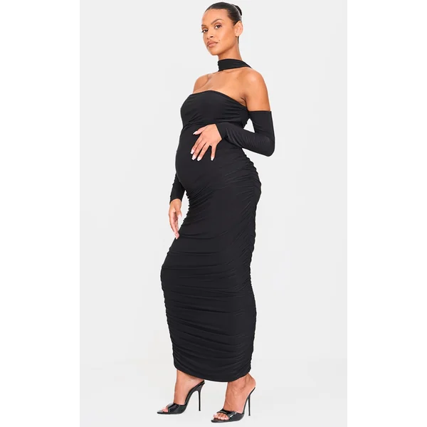 Maternity Black Slinky Choker Detail Ruched Midaxi Dress
