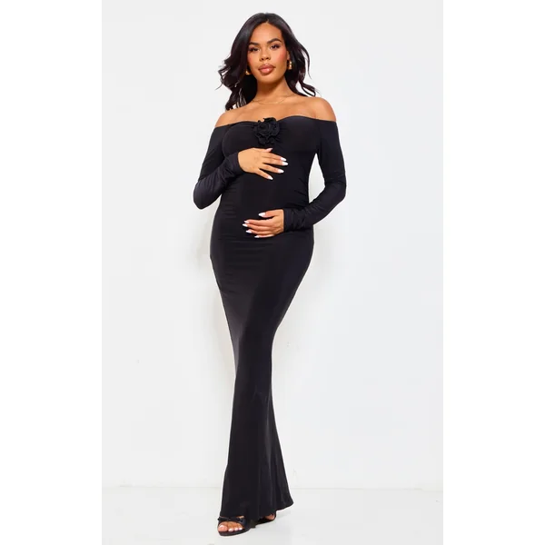 Maternity Black Slinky Corsage Detail Off The Shoulder Maxi Dress