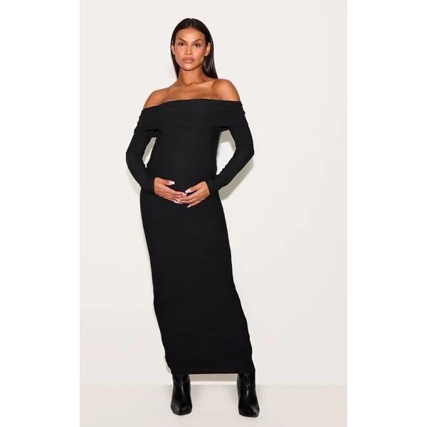 Maternity Black Soft Touch Fold Over Bardot Maxi Dress