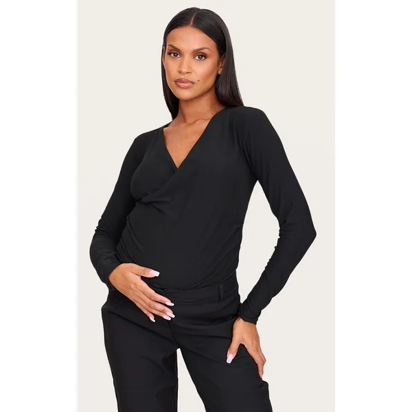 Maternity Black Soft Touch Ruched Long Sleeve Longline Top
