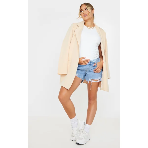 Maternity Blue Belly Band Light Wash Ripped Denim Shorts