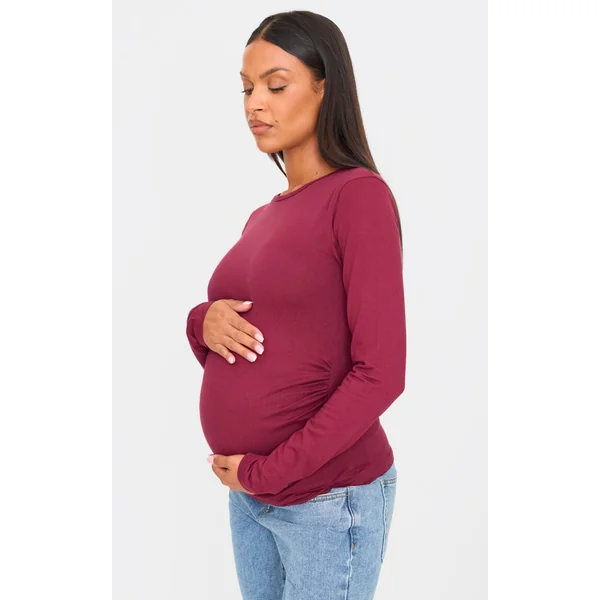 Maternity Burgundy Crew Neck Long Sleeve Fitted Top