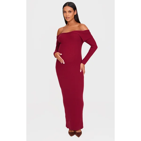 Maternity Burgundy Off The Shoulder Rib Knitted Maxi Dress