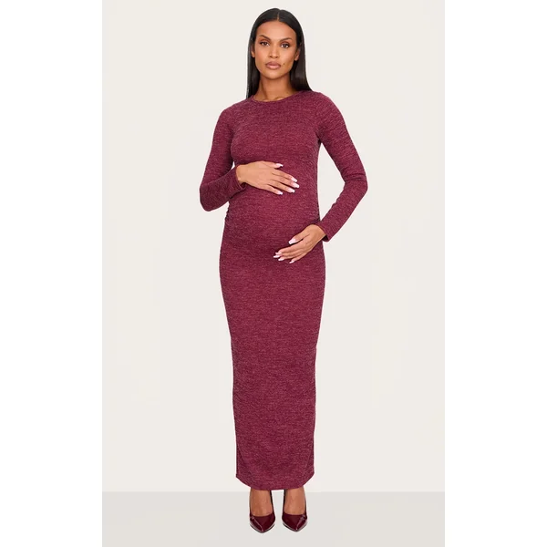 Maternity Burgundy Rib Ruched Maxi Dress