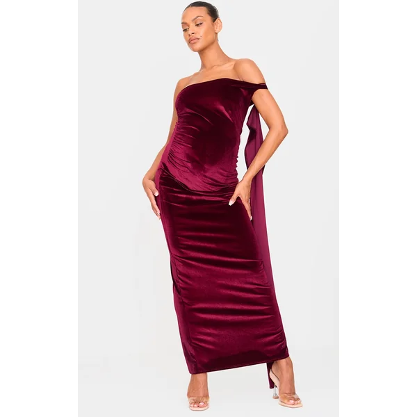 Maternity Burgundy Velvet One Shoulder Drape Detail Maxi Dress