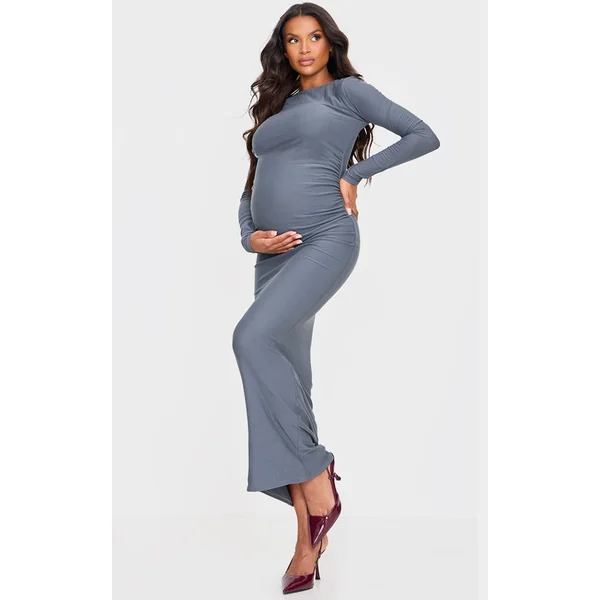 Maternity Charcoal Soft Touch Double Layered Ruched Maxi Dress