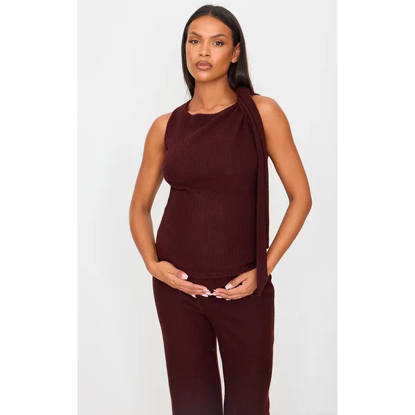 Maternity Chocolate Brushed Rib Tie Shoulder Top