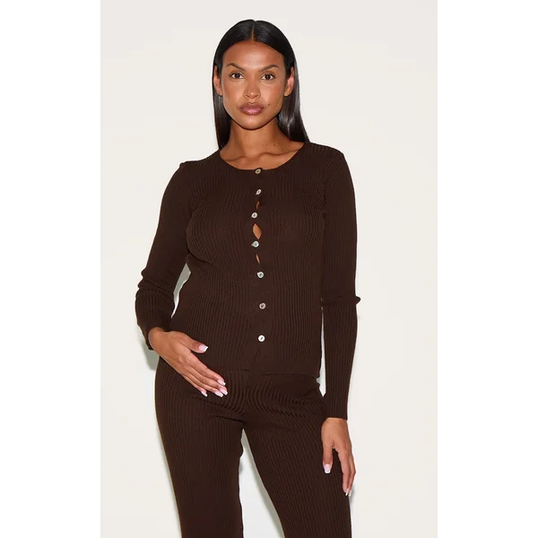 Maternity Chocolate Button Up Long Sleeve Knit Top