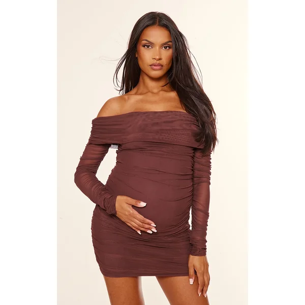 Maternity Chocolate Mesh Ruched Long Sleeve Mini Dress