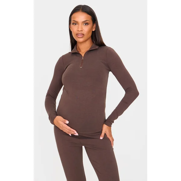 Maternity Chocolate Premium Soft Touch Quarter Zip Long Sleeve Top