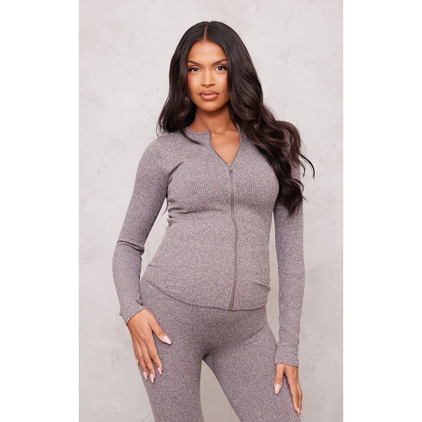 Maternity Chocolate Snatched Rib Zip Up Cardigan