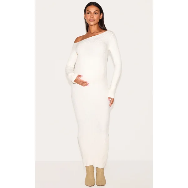 Maternity Cream Asymmetric Long Sleeve Rib Knit Maxi Dress