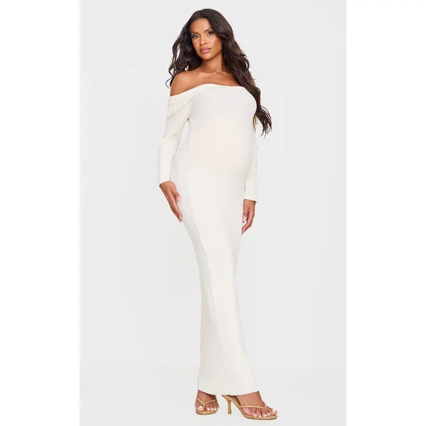Maternity Cream Off The Shoulder Rib Knit Maxi Dress