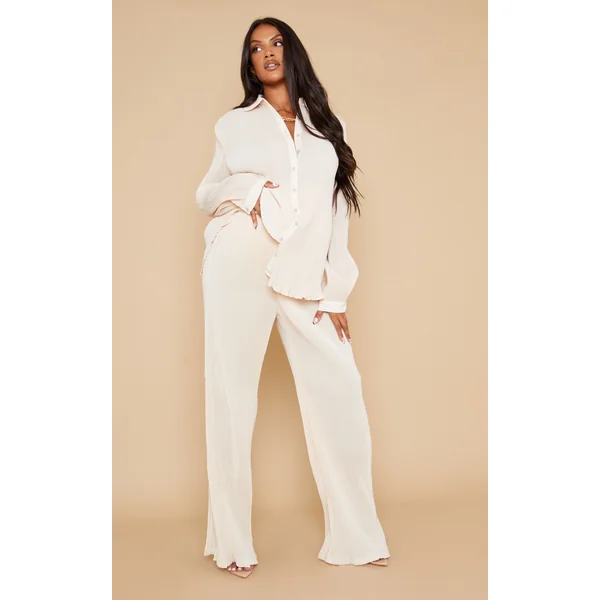 Maternity Cream Plisse High Waisted Wide Leg Pants