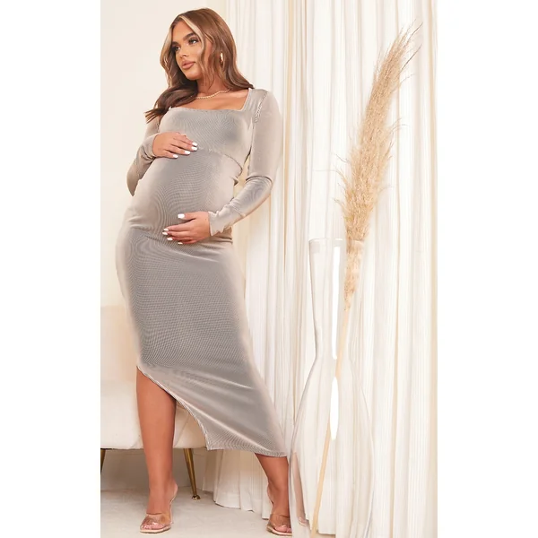 Maternity Cream Ribbed Long Sleeve Side Split Maxi Dress