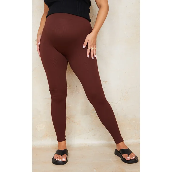 Maternity Dark Brown Contour Bump Support Ribbed Leggings