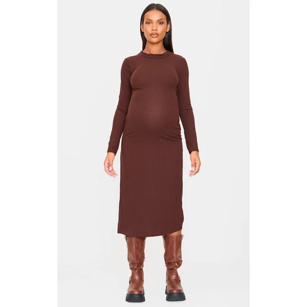 Maternity Dark Chocolate Ribbed Long Sleeve Midi Dress