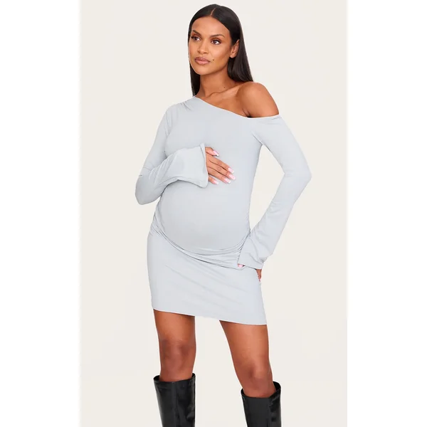 Maternity Grey Asymmetric Ruched Long Sleeve Mini Dress