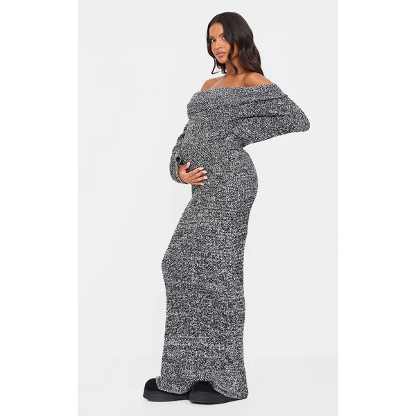 Maternity Grey Boucle Knit Long Sleeve Bardot Maxi Dress