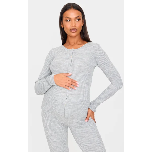 Maternity Grey Button Up Long Sleeve Rib Knit Top