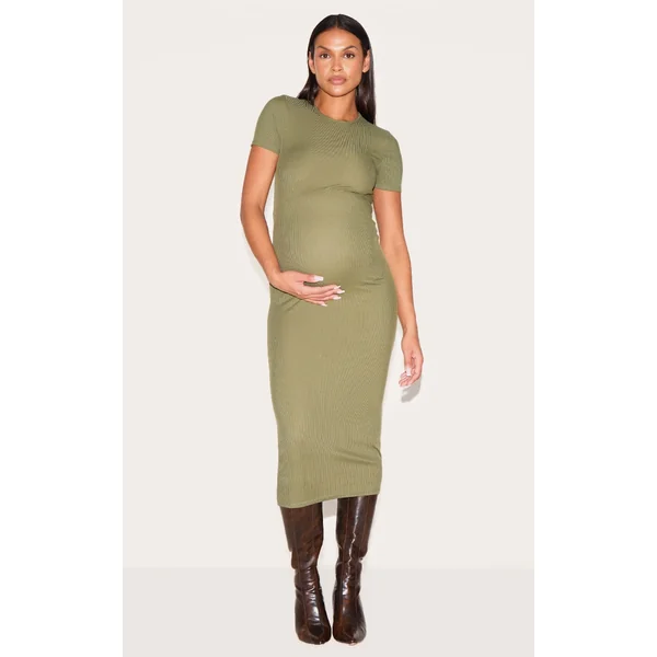 Maternity Khaki Ribbed Crew Neck Midi Dress